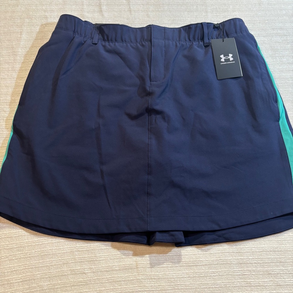 Under Armour Links Woven Skort Womens 12 Navy Blue Green Stripe Golf 1362111